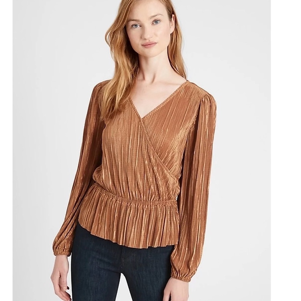 Banana Republic Peplum Wrap Top Plisse Wrap-Effect Burnt Orange Size XL Shiny